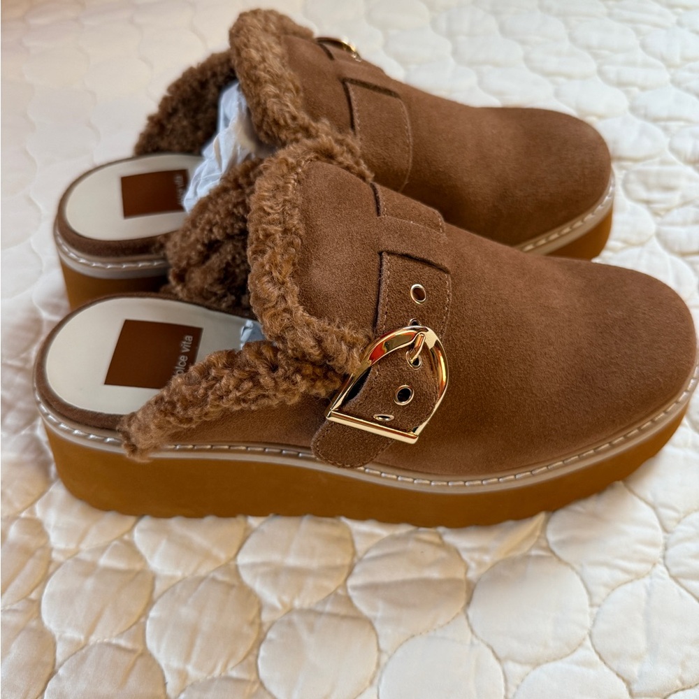 Dolce Vita Fur Lined Mules with Gold Buckle